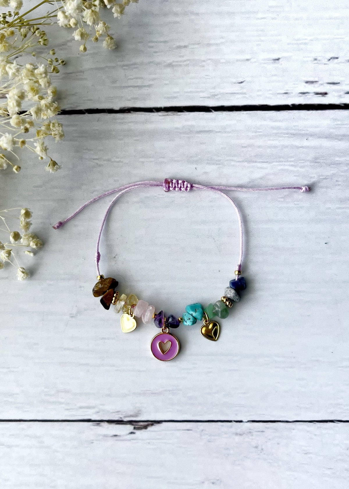 pulsera con corazon, amatista, cuarzo rosa, citrino, cuarzo verde, turquesa, lapislazuli, ojo de tigre